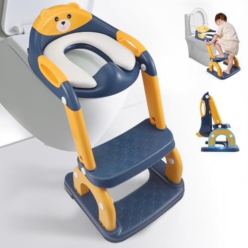 Reducteur Toilette Enfant,2 en 1 Rehausseur Filles Garçons,Siège de Toilette pour Enfants Garçons et Filles,Réglable Reducteur Toilette Enfant avec Marche,Anti-éclaboussures et Antidérapant Bleu Jaune