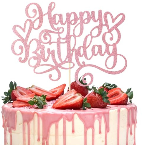 Nogeqi 1Pcs Pink Happy Birthday Cake Topper, Glitter Happy Birthday Cake Decorations for Girls Celebrating Anniversary Theme Party Decorations Supplies