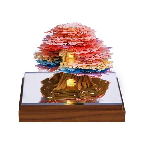 3D Tischkalender 2026, Zeitmesser Kalender 2026, Abreißen 3D Herry Blossom Haus Papier Kunst Notizblock mit LED-Lichtern, Kreativer 3D Memo Artsy Pad Kalender, DIY Papier Schnitzen Geschenk
