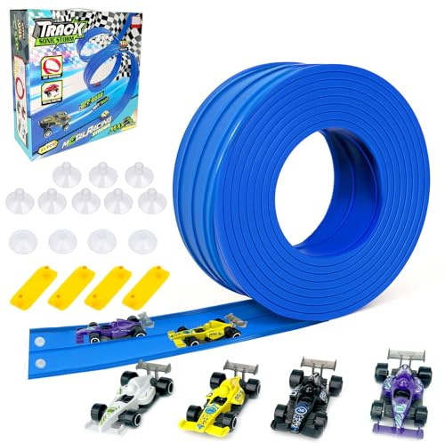 Pista per Auto(4 M), 21 Pcs Giocattoli da pista da corsa con 4 Auto e 12 Succhiatori, Racing Car Track Toy, regalo per bambini(Blu)