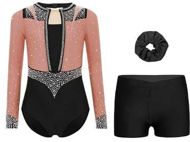 Yruioon 3Pcs Mädchen Turnanzug Glitzer Gymnastikanzug Langarm Gymnastik Leotard mit Shorts Haarband Tanzanzug Wettbewerb Tanzkostüm A Schwarz Altrosa 134-140