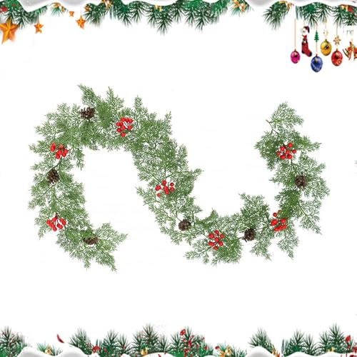 Rechory Pine Garland Realistic - Artificial Pine Cypress Vines with Cones Red Berries 78.7 Inch,Decorations Welcome Hanger for Farmhouse Mantle Fireplace Porch Table