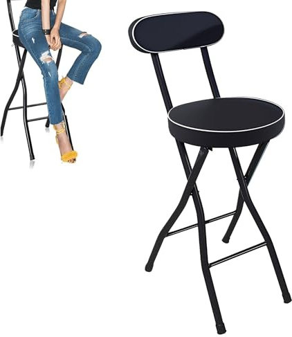 Sgabello pieghevole con seduta imbottita, 70 cm, seggiolone in metallo con schienale, ideale per cucina, caffetteria, bistrò, sgabello salvaspazio da bar, colore nero