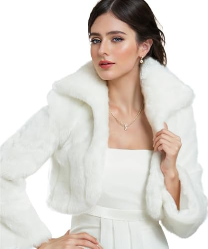 AUTTOGirl Giacca da sposa in pelliccia sintetica per donna, bolero da cerimonia nuziale, invernale, bolero in pelliccia completa con maniche lunghe, bianco, XL