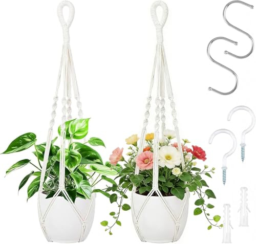 2Pcs Cotton Rope Macrame Plant Hangers, 60 cm Indoor Hanging Planter Basket | Wall Hanging Flower Pot Holder, Handmade Woven Boho Plant Hanger with 2 Hooks for Outdoor Garden Home Decor No Tassels