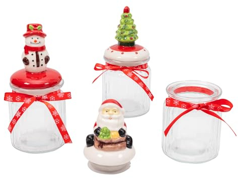 evelay Christmas Novelty Glass Jar Set | Santa, Tree & Penguin Design | 3-Piece Festive Storage Jars for Sweets, Biscuits, Cookies & Treats | Hand-Painted Ceramic Lids & Clear Glass | 300ML