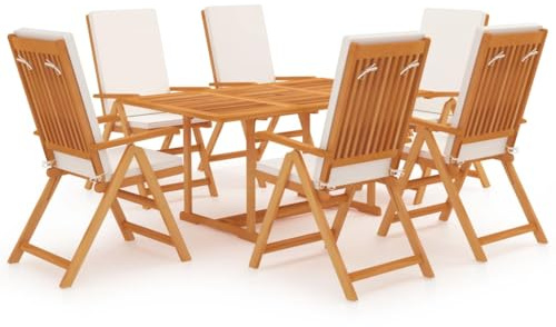 QJBSAVVA 7-TLG. Teak Garten-Essgruppe mit Cremeweißen Kissen 150 x 90 x 75 cm klappbare Stühle mit 5-facher Rückenlehne Modernes Design Robustes Holz für Balkon Terrasse und gartenmöbel Set