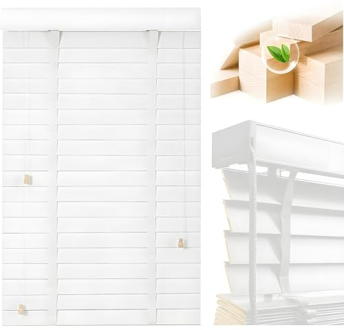 Custom Wood Venetian Blinds, Wooden Grain Window Blinds, W 60cm 75cm 85cm 90cm 105cm 114cm 120cm 150cm Faux Wood Blind for Home or Office, Easy Fit Child Safe Trimmable Shutters(White)