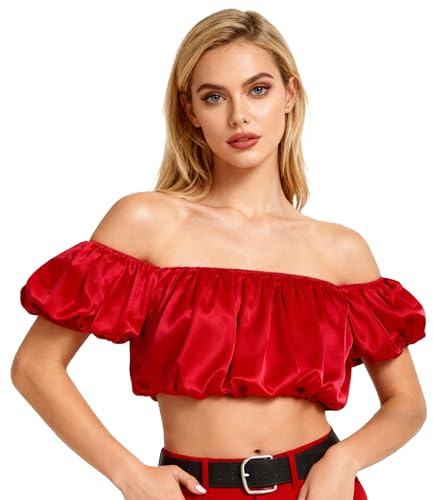 Top corto da donna con spalle scoperte, camicetta a maniche corte con volant, stile estivo, rosso, bianco nero, taglia unica, lunghezza 25 cm, Rosso, S