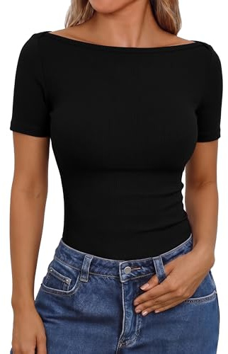 Aottori Womens Summer Tops Boat Neck Short Sleeve T Shirts Ribbed Fitted Basic Tunic Top UK Black S
