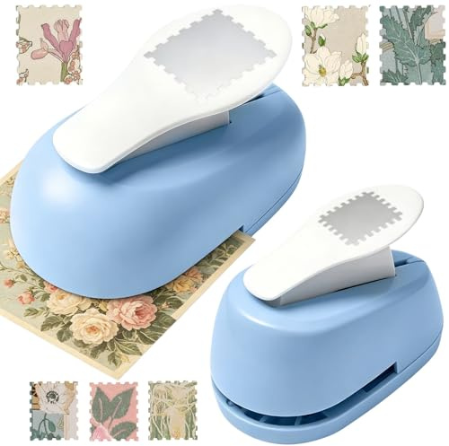 2 Stück Stanzer Briefmarkenform 2x1,8cm & 2,9x2,4cm Briefmarken Stanzer Hebelmechanismus Stempelstanzer & Motivstanzer Tragbar Creative Saubere Schnitte für Scrapbooking Karten Etiketten DIY Tagebuch