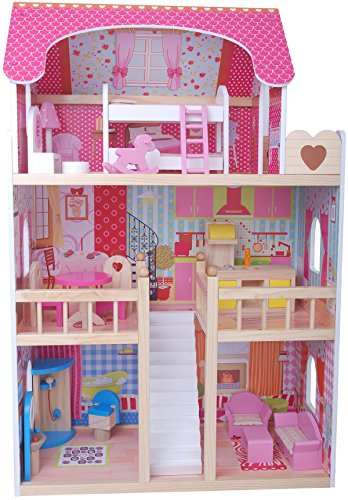 Leomark Puppenhaus Aus Holz Mit Möbeln Und Zubehör Bunt Dolls House Plus Furniture Set Festnight 3-Stöckiges Holz Puppenhaus Puppenstube Holzpuppenhaus