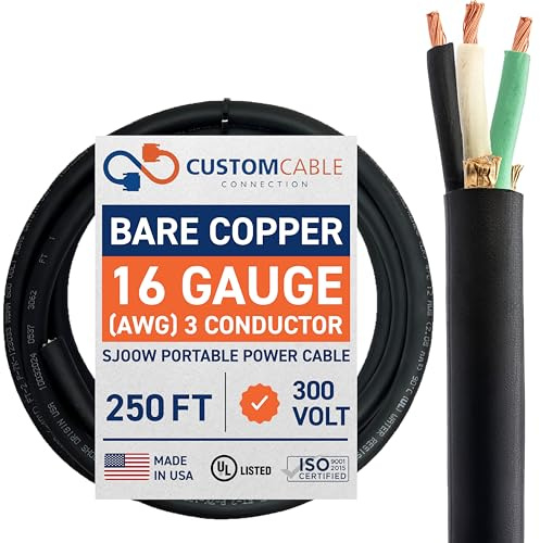 16/3 SJOOW 300V Cable – 16 Gauge (16 AWG) Portable Power Cable with 3 Conductors – Fully Annealed Stranded Bare Copper Wires – Water & Oil Resistant for Heavy Duty Industrial Use – USA Made (250ft)