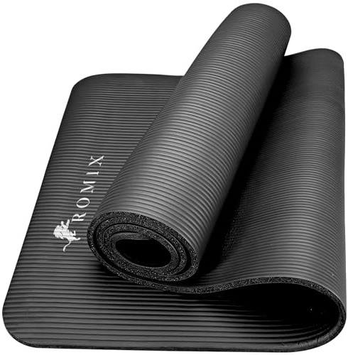 ROMIX Yogamatta tjock 15 mm, yogamatta halkfri miljövänlig mjuk skumdyna, svettresistent yogamatta med rem för kvinnor män barn, gym träning fitness pilates matta