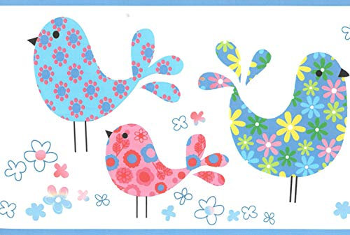 Dundee Deco BD6256 Frise de Papier Peint, Frise Murale, Bordure murale précollée pour enfants Rouge/rose, vert, oiseaux bleus, fleurs Design rétro 4,57 m x 15,24 cm