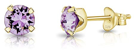Pendientes de Botón Plata Ley 925 Chapados Oro 24K on Cristales Brillantes Violeta 5 mm - Pendientes Pequeños Oro para Mujer - Punto de Luz Hipoalergénicos