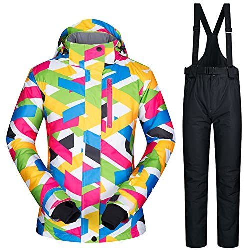 Damen Skijacke und Hose im Set, wasserdicht, winddicht, Snowboarden, bunt bedruckt, Schneeanzug, Kapuzenmantel, Reißverschluss, Schwarz, L