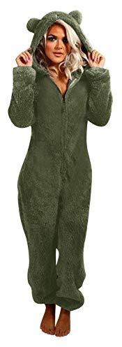 L9WEI Dam stor storlek jumpsuit teddy fleece onepiece plysch overall vinter lång pyjamas bekväm hemmadräkt kostym fluffig jumpsuit pyjamas mysig mjuk varm loungewear, Armégrön, 3XL