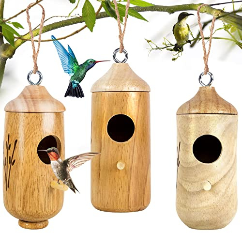 LOTKEY Hummingbird House, Wooden Bird House for Outside Nesting, Gardening Gifts Home Decoration (3 Pack)