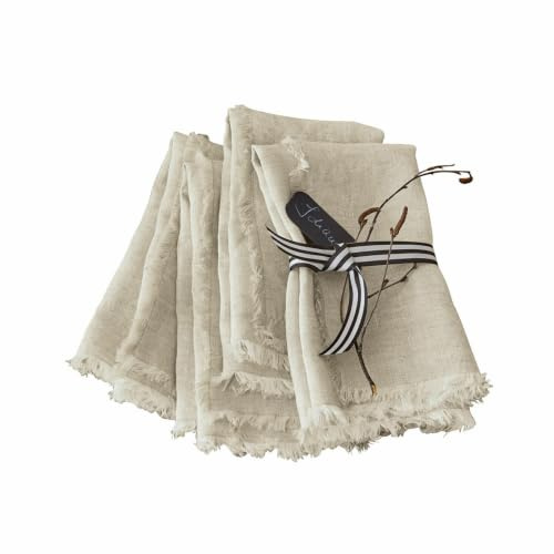 LOBERON Serviette 4er Set Largo, leinen | zierender Fransensaum, natürlicher Look, wiederverwendbar, Tischdekoration, Tischwäsche