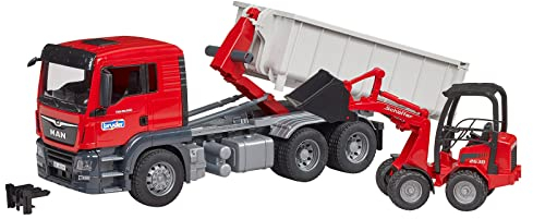 bruder 03767 - Man TGS LKW mit Abrollcontainer und Schäffer Hoflader 2630 - 1:16 Fahrzeuge, Tieflader, Transporter, Radlader, Spielzeug ab 4 Jahre