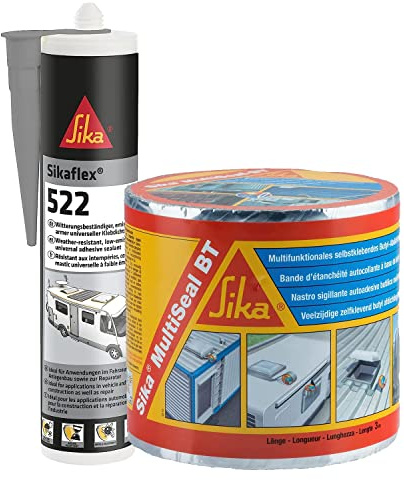SIKA- Sikaflex 522 Caravan, witterungsbeständiger, UV-stabiler, haftstarker Dichtstoff, stahlgrau 300ml + Sika MultiSeal, Butyl Dichtband selbstklebend für Abdichtungen und Schnellreparaturen, 3mx10cm