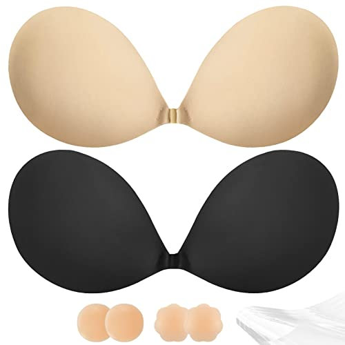 Alki'i Stick On Bra Push Up for Women 2 Pair, Adhesive Invisible Lifting Bra, Strapless Backless Bras for Wedding Dress with Nipple Covers Reusable (Black+Nude/D), XL