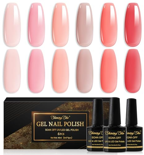 Shining She UV Nagellack Transparent,6 Farben Jelly Rosa Nudefarben Rot Gel Nagellack,Natur Gellack Soak-Off UV Gel Nail Polish Set für Anfänger DIY Nailart,8ml