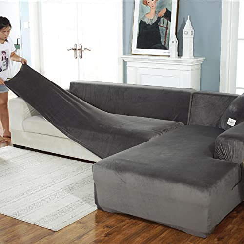 Sofa-Schonbezug U-förmiger Ecksofa-Couchbezug, dickerer Samt-Sofabezug L-Form Links rechts, 2er-Set Chaiselongue-Sofabezug für Wohnzimmer, Sofaüberwürfe für Hunde Haustiere, GrayA-ChaiseLong