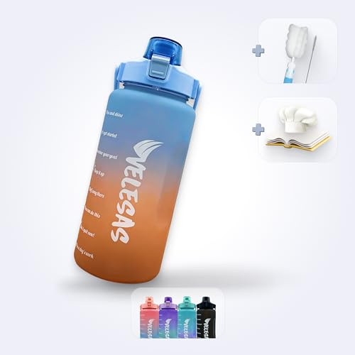 Velesas® 2l Wasserflasche mit motivierender Zeitmarkierung | Trinkflasche aus Tritan mit Strohhalm | Sportflasche für Schule, Job, Fitnessstudio, Büro, Fahhrad, Wandern (Blau/Orange, 2000ml)