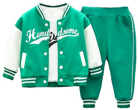 Freebily Gymnastikdräkt för barn, pojke, nyfödd, 3 delar, basebolljacka, t-shirt och byxor med sidofickor, sportkläder, 6 månader-5 år, Grön, 4-5 anni