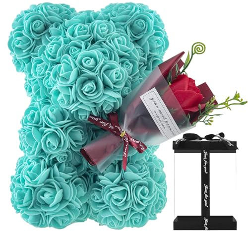 Oso De Rosas - Oso De Flores Artificiales | Oso De Rosas Con Caja | Oso De Peluche De Rosas | Regalos Para Mujer | Regalos Para Cumpleaños/San Valentín/Bodas/Día La Madre/Aniversarios, (24x16 CM)
