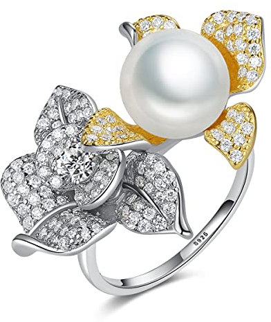 RobertDTesta Einfacher S925-Sterlingsilber-Intarsien-CZ-Zirkon-Perlenring, Einzigartiges Geschenk Für Frauen Mode-Blumen-Form-Süßwasser-Perlenring,Silber,10