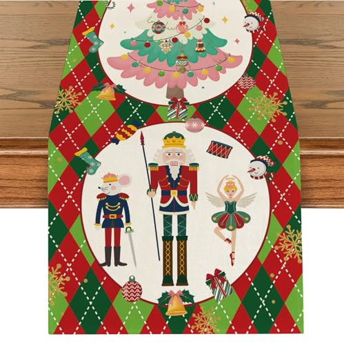 Runner da Tavola Natale Schiaccianoci Tovaglia Natalizia in Lino Lavabile Stagione Invernale per la Decorazione Della Tavola di Natale, la Cena in Famiglia Le Feste al Coperto e All'aperto 40x180cm