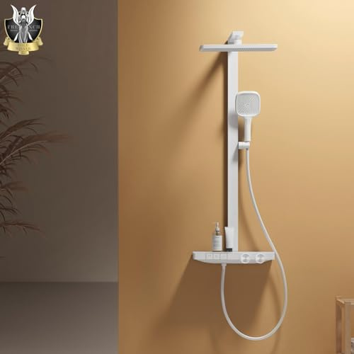 EMKE Duschsystem mit Thermostat, 36x24 cm Regendusche, Weiß Matt | Wassermenge einstellbar, 40cm Ablage, 3 Strahlarten, Handbrause 4 Strahlarten, Messing, Überkopfbrause Set für Badezimmer