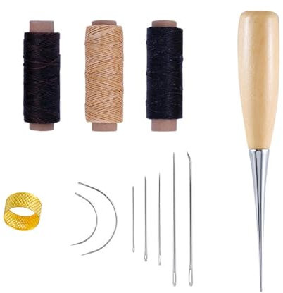 ZCBZBN Leder Nähen Kit - 12 Nähwerkzeuge, 30m Gewachstes Garn und Hand Nähnadel Bohrer Ahle für Stoff, Polsterung, Teppich Restaurierung, Handmade DIY