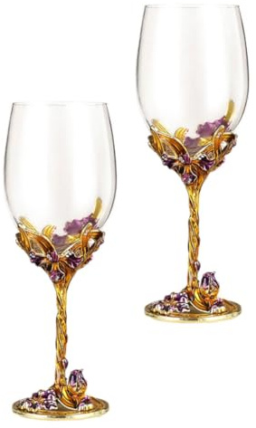 MAGICLULU 2pcs Golden Iris Decorative Wine Glasses Enamelled Crystal Cups for Whiskey Wedding Home Bar Decor