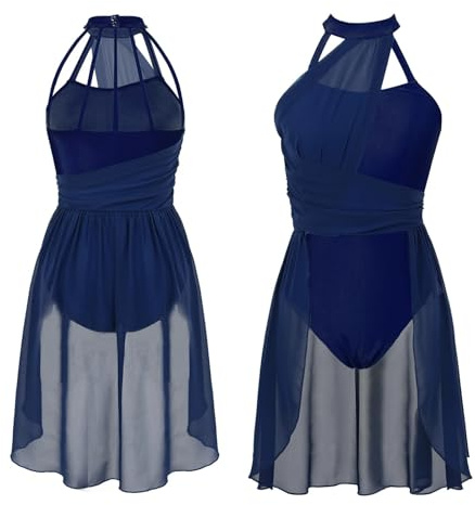 GSJNHY Eiskunstlauf Kleid Damen Ballettkleid Chiffon Gymnastikanzug Tanzkleidung for Erwachsene Zeitgenössische Tanzbekleidung Eiskunstlaufkleid Ballerina Kostüme(Blue,S)