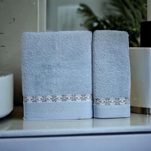 LIU . JO MILANO Coppia di Asciugamani Viso e Ospite in scatola in Spugna di puro cotone con pizzo Art. Everest (Zucchero)