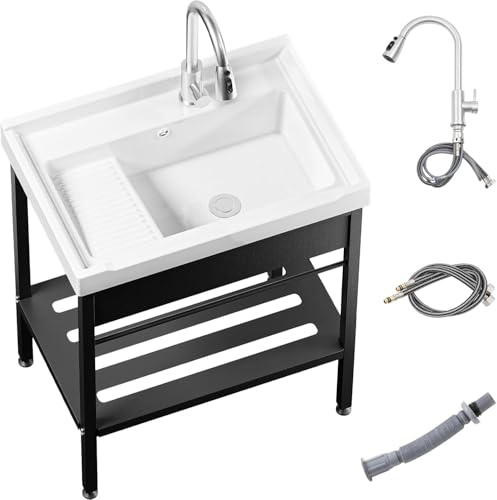 28inch Laundry Room Sink,Ceramic Utility Sink with Washboard Set,Freestanding Sink with Cold and Hot Water Faucet, Hoses and Drain Kit for Laundry Room, Basement, Outdoor and Indoor