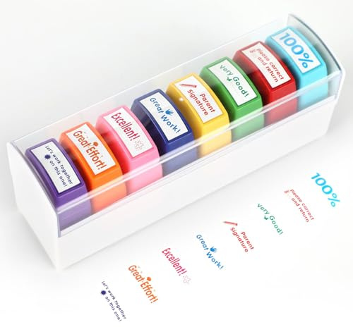 8 Stück Selbstfärbende Lehrer Stempel, Lob Ermutigung Kinder, Lehrer Bewertung Belohnung Motivation Briefmarken, Bunte Cartoon Siegel Hausaufgaben Stamper