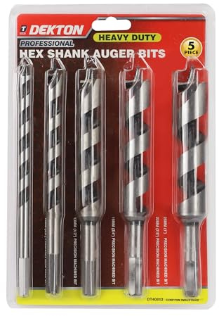 Dekton 5pc Auger Bit Set- Heavy Duty Wood Drilling Bits 10mm-20mm| Carbon Steel For Durability| Perfect For Carpentry, Construction| Smooth Precision Boring With Hex Shank| Compatible With Power Drill