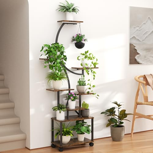 EUNEWR Pflanzenständer mit Wachstumslicht, 8 Ebenen Blumenständer 158 cm Metall Holz Pflanzenregal, Holz und Metall Blumenständer mit LED Wachstumslicht für Innen Garten Balkon (2 PCS)
