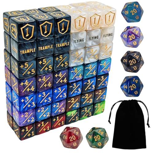 90 PCS MTG Contatori di Dadi - Contatore di Parole Abilità, -1/+1 Life Counter, Shield Life Counter Dice, Marble Colour D6 Dice Dice, per MTG, Giochi di Carte