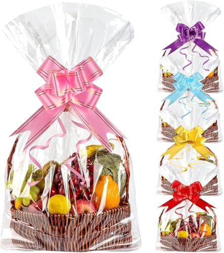 Grande Pellicola Regalo in Cellophane Trasparente, 10 Pezzi, 60 x 90 cm Sacchetti Trasparenti per Confezioni, Confezione Regalo con 10 Fiocchi, per Regali, Cestini, Fiori, Alta