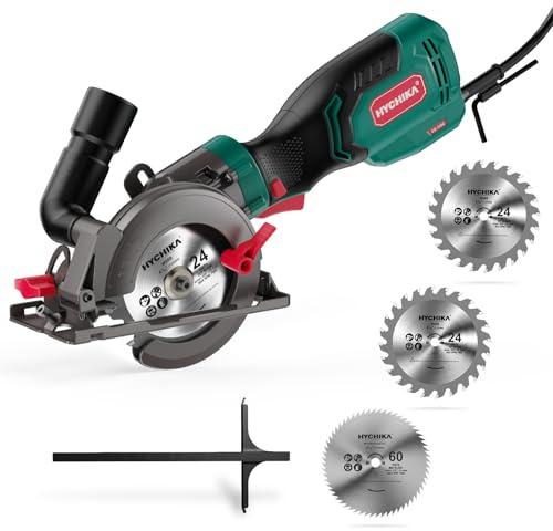 HYCHIKA Mini Circular Saw Corded, 750W 3500RMP Compact Electric Saws with 3 Blades(115 and 125mm), Scale Ruler, Cutting Depth 48mm(90°), 32mm(45°) Skill Saw for Wood, Soft Metal, Plastic, Tile