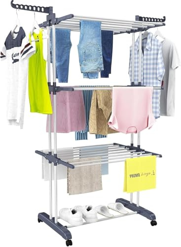 Étendoir à Linge sur Pied, 3 Niveaux, Tancarville, Séchoir, Étendoir à Linge intérieur, Étendoir Pliable, Grande Capacité, Étendoir avec Roues,170x64x126cm (Blanc/Gris)