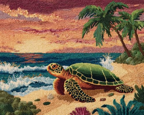 Taxpy Knüpfen Set Knüpfteppich Zum Selber Knüpfen Schildkröte Am Strand 52X38Cm Teppich Tapisserie Knüpfpackung Mit Knüpfhaken Kreuzstich Set Für Kinder Erwachsene Latch Hook Kit Canvas
