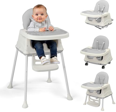 LEADZM 4 in 1 Babyhochstuhl, Umbaubar zum Laufrad und Lauflernwagen, Hochstuhl Baby mit Abnehmbares Doppeltablett und Universalrädern, Mitwachsend ab 0-36 Monate Babystuhl (Grau)