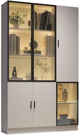 Gxffipw Vitrine mit Glasschrank Tür und LED-Licht, Vitrinenschrank Glasvitrine mit MultiStorage Bücherregal, Highboard Sammlervitrine mit Griff, Wohnzimmerschrank, Weiß+Schwarz, 120x35x200 cm